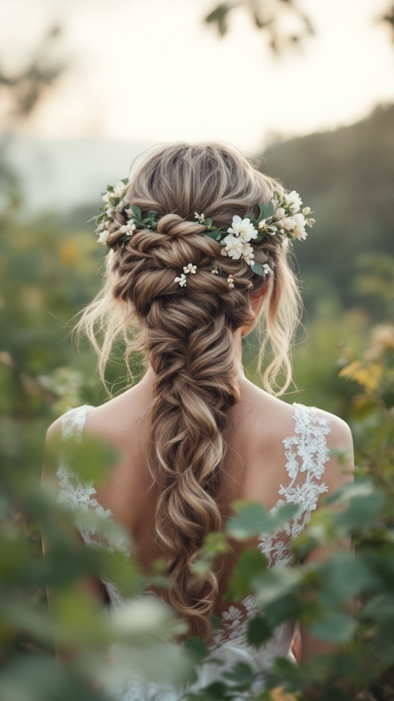 A back view of a bride with long hair styled in a romantic braided crown adorned with small flowers.