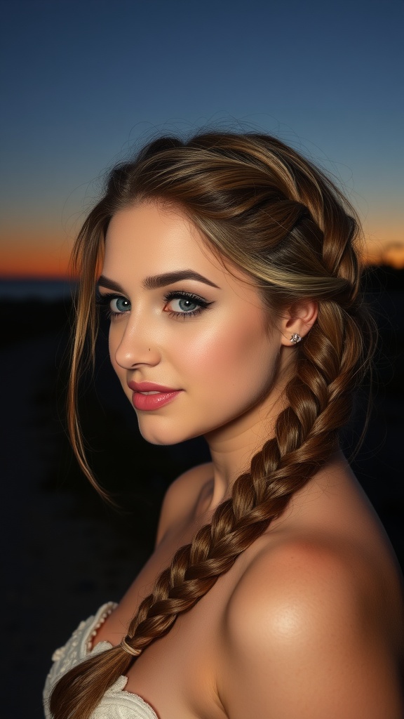 A woman with a fishtail braid hairstyle, showcasing a romantic look against a sunset background.