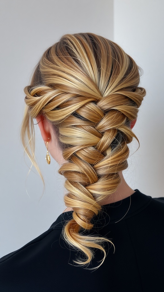 A close-up of a romantic fishtail braid updo hairstyle featuring golden blonde hair.