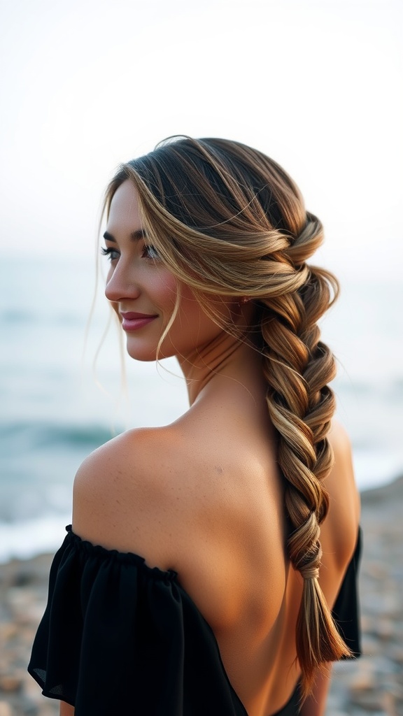 A woman with a beautiful side braid hairstyle, looking serene by the beach.