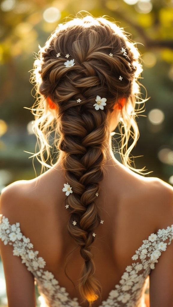 A beautiful romantic waterfall braid with flowers, perfect for a wedding hairstyle.