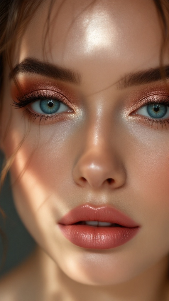 Close-up of a woman with blue eyes wearing rose gold makeup.