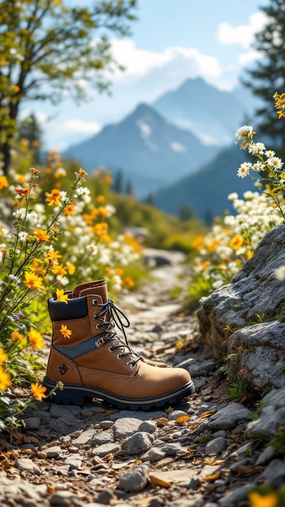 A pair of rugged hiking boots on a path surrounded by flowers and mountains.