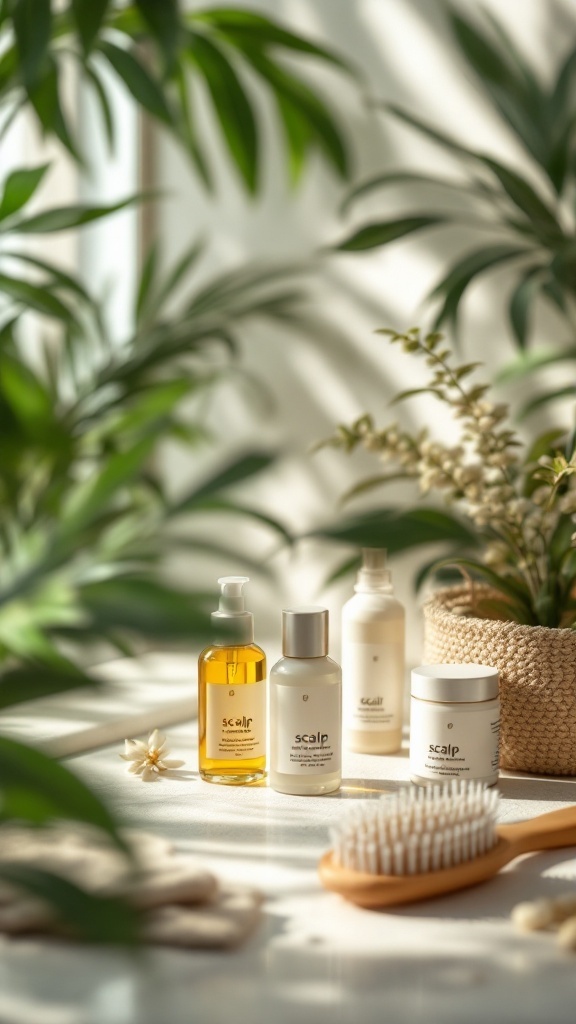 A collection of hair care products focused on scalp treatment, surrounded by plants.