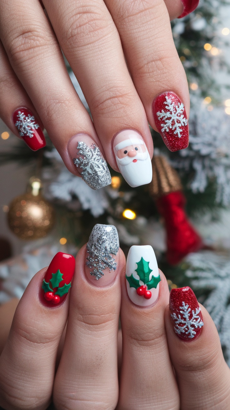 Nail art featuring holiday-themed designs with red, white, and silver glitter accents