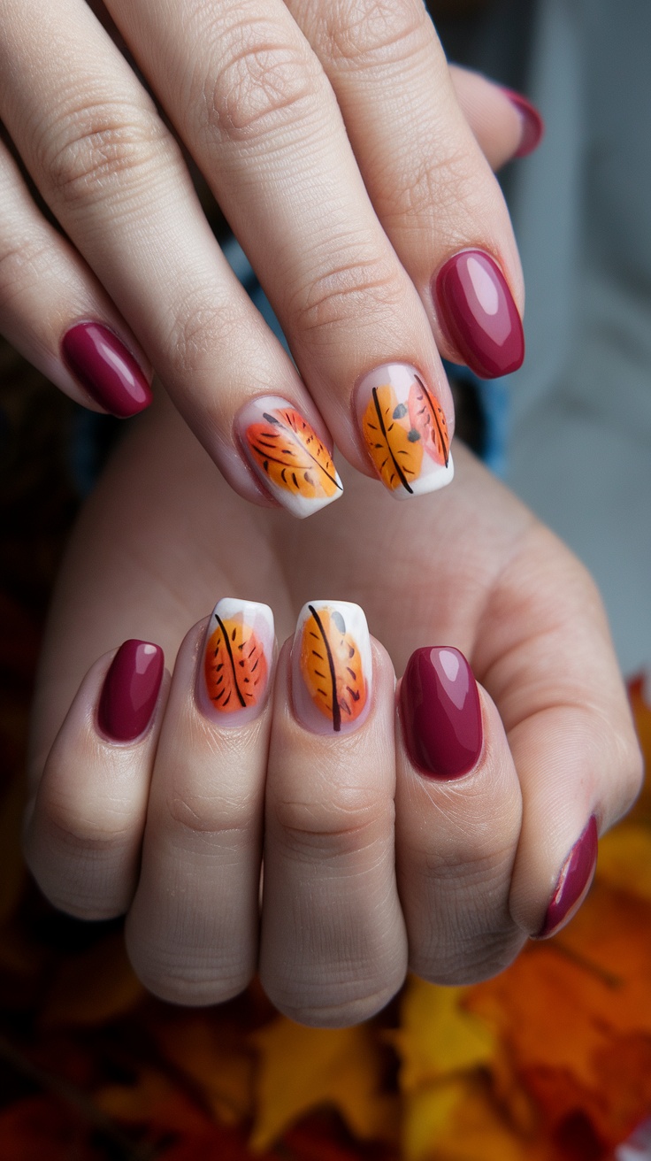 Close-up of hands with seasonal nail art featuring autumn leaves and burgundy polish.