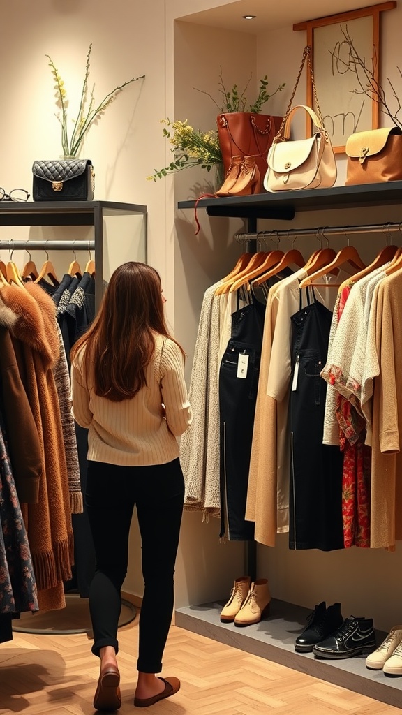 A woman shopping in a stylish clothing store, browsing through seasonal outfits and accessories.