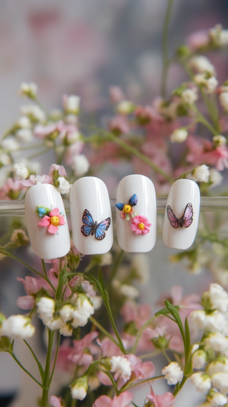 Four white accent nails with floral and butterfly designs, surrounded by delicate pink and white flowers.