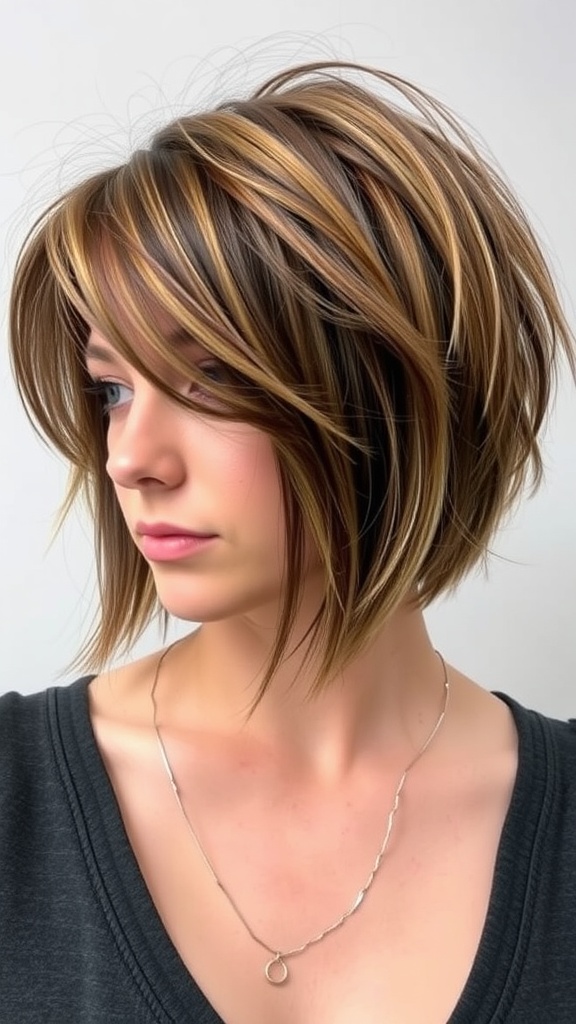 A woman with a shaggy bob haircut, featuring layers and highlights, showcasing a modern hairstyle.