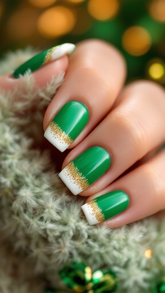 Green and white French tip nails with gold glitter for St. Patrick's Day