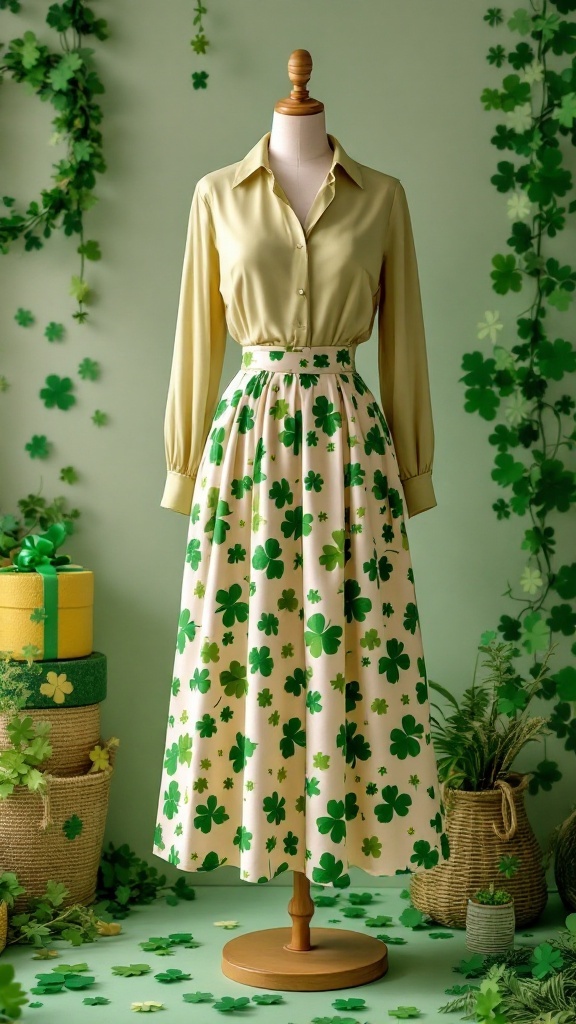 Shamrock print midi skirt with a green blouse displayed on a mannequin