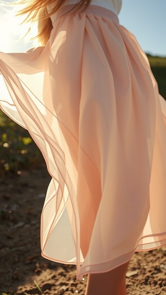 A close-up of a sheer overlay skirt gently flowing in the breeze.