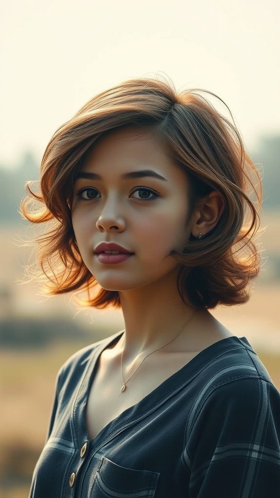 A portrait of a young woman with side-swept bangs and loose curls, wearing a dark shirt, against a soft outdoor background.