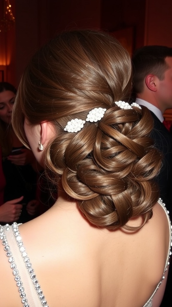 A woman with side-swept curls, accessorized with decorative hair clips.