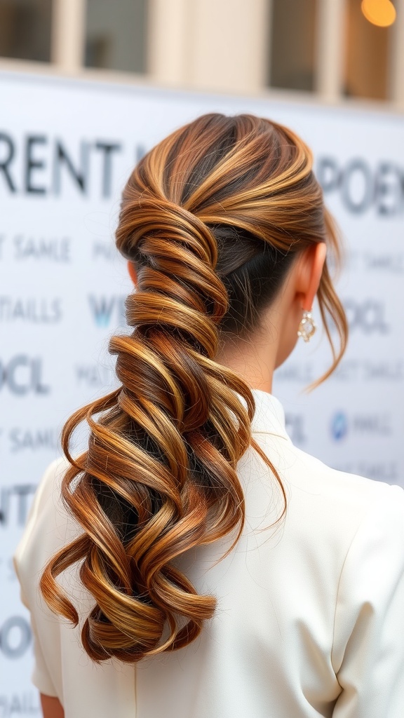 A stylish side-swept ponytail with loose waves, showcasing beautiful hair.