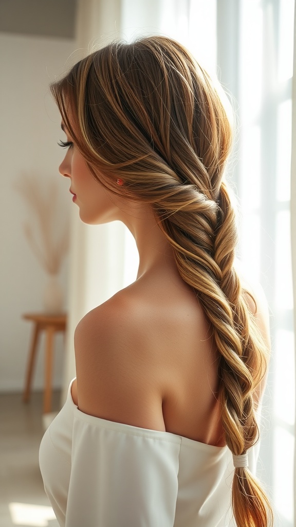 A side-swept waterfall braid hairstyle with soft waves, draping elegantly over one shoulder.