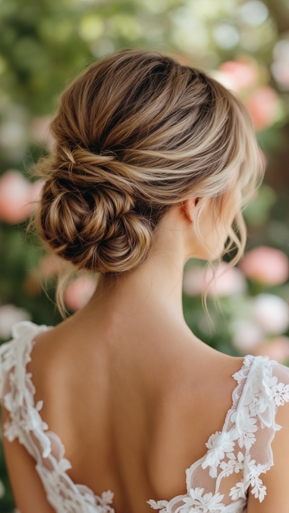 A woman with long hair styled in a side swept bun with waves, showcasing a beautiful floral background.