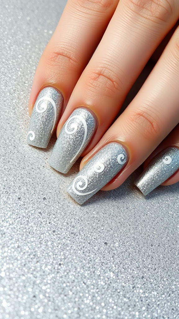 Nails featuring silver glitter and white swirls.