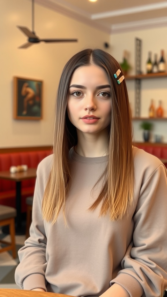 A woman with straight hair wearing hair clips, sitting in a cozy café.