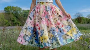 A photo of a woman wearing a floral spring skirt with a variety of flowers in different colors. The skirt is made of soft pastel shades, including pink, blue, yellow, and green. The woman is wearing a white top and no shoes. The background is a lush green field with wildflowers. The sky is clear and blue.