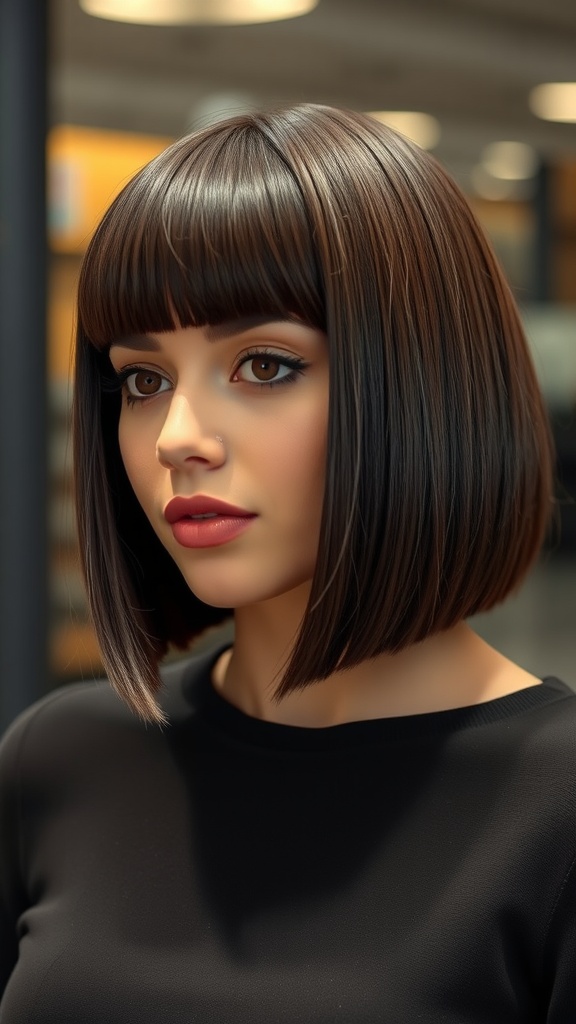 A woman with a sleek and shiny blunt bob hairstyle, featuring straight bangs and a smooth finish.