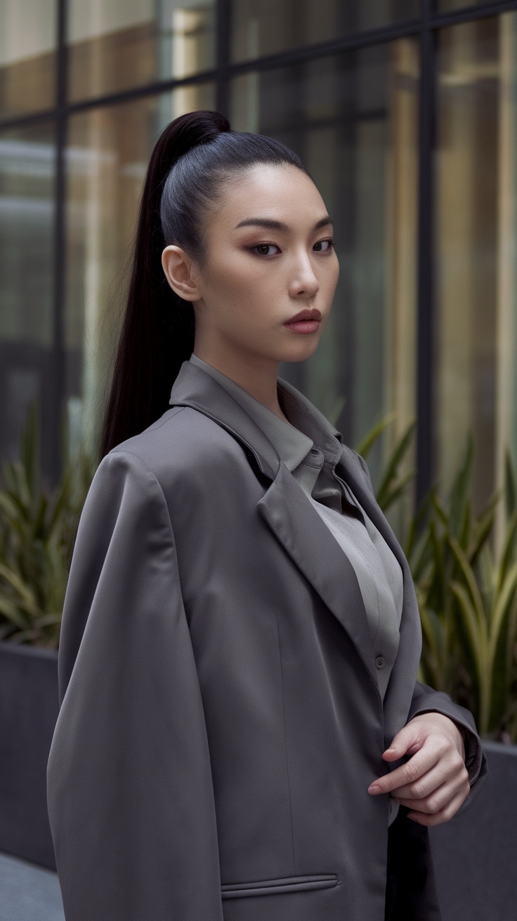 A woman with a sleek high ponytail wearing a gray blazer, showcasing a polished hairstyle.