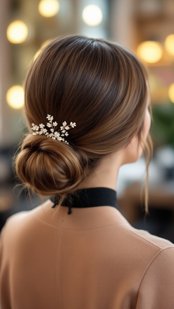 A woman with a sleek low bun hairstyle adorned with delicate floral hair accessories.