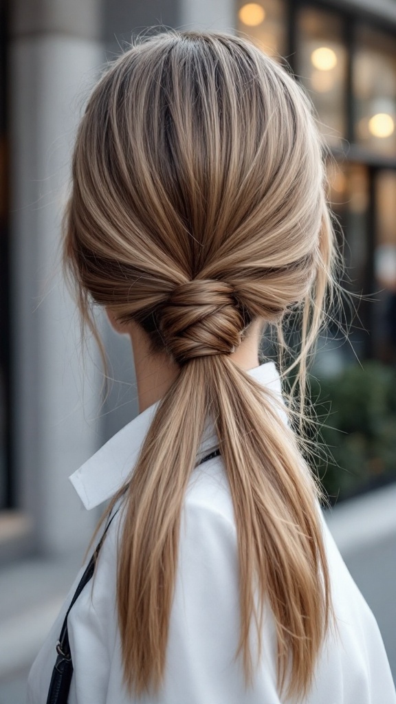 A woman with a sleek low ponytail and hair wrap, walking on a city street.