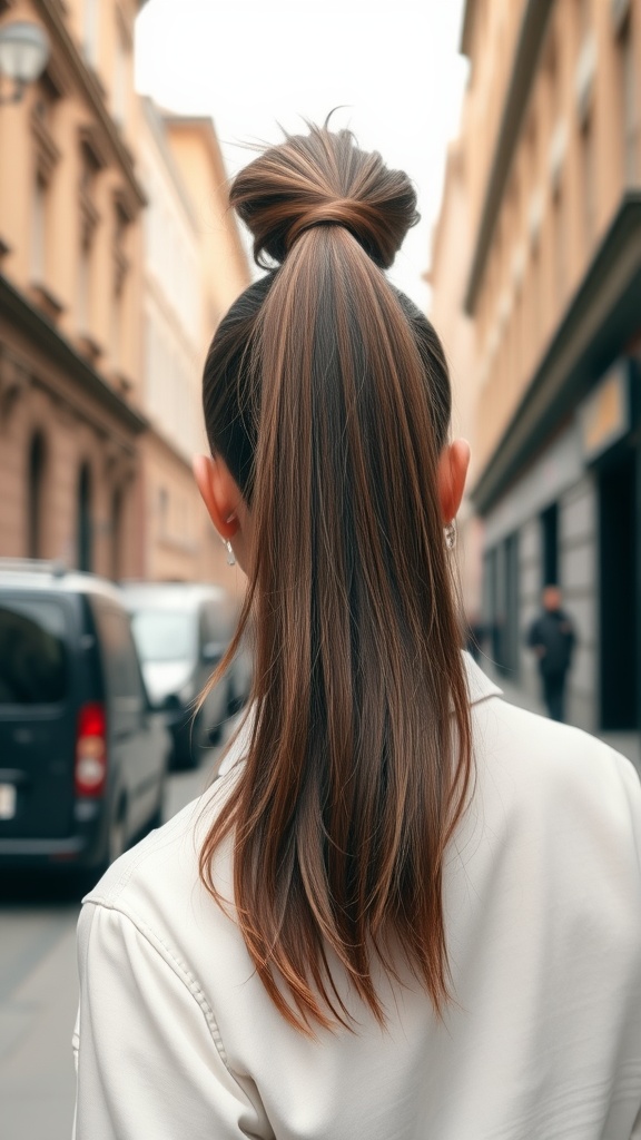 A sleek ponytail with a side part, showcasing smooth, straight hair.