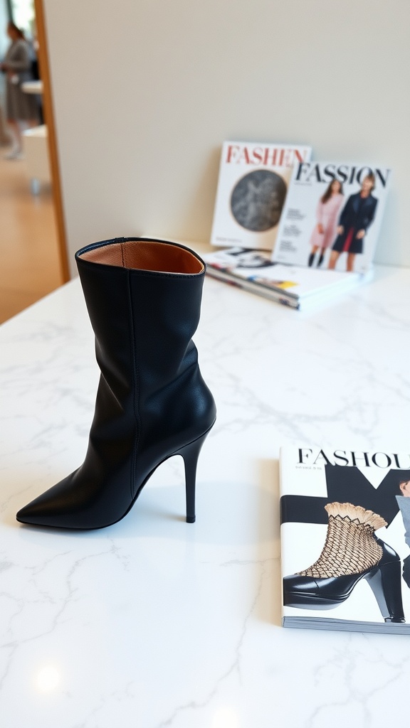 A sleek black stiletto winter bootie on a marble surface with fashion magazines in the background.