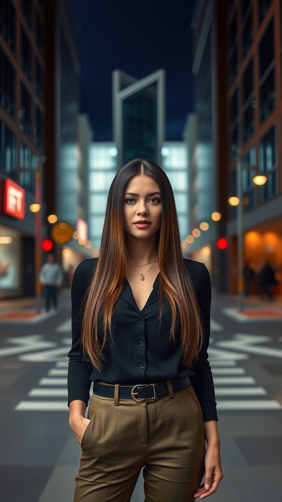 Woman with sleek straight hair and a center part, wearing a black shirt and standing in an urban setting.