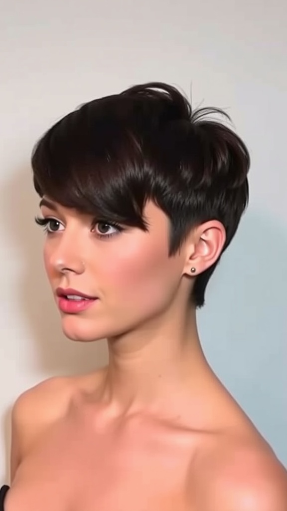 A woman with a slicked-back pixie hairstyle featuring long bangs, dressed in a white shirt and sitting comfortably.