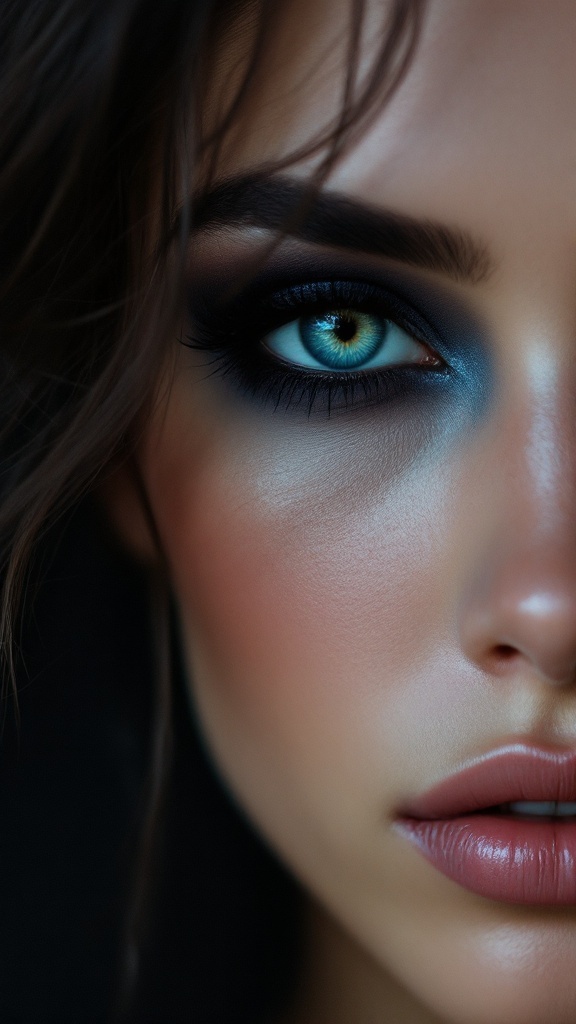 Close-up of a woman's eye showcasing smoky navy eye shadow, highlighting blue eyes