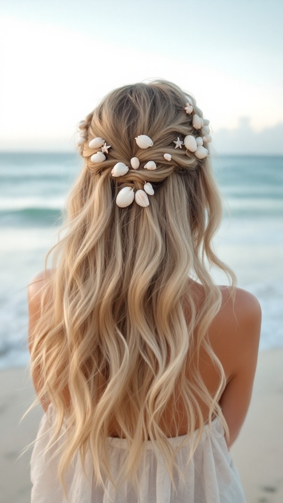 A woman with soft beachy waves adorned with seashells, standing by the ocean