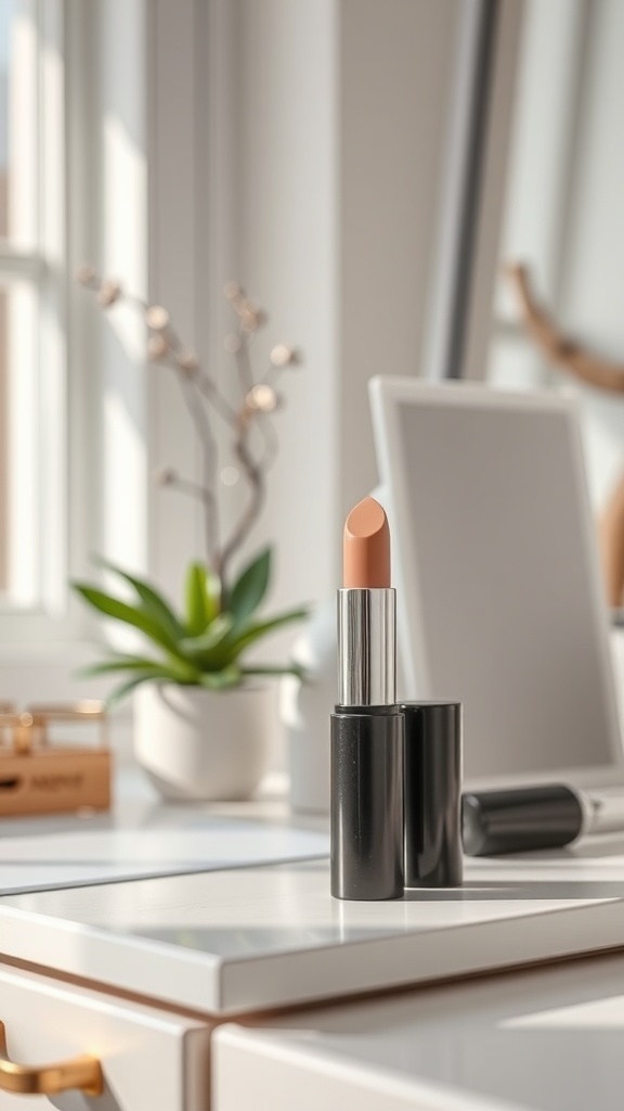 Soft nude lipstick on a bright vanity with natural light