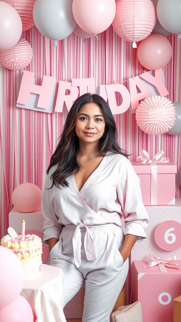 A woman in a soft pastel outfit standing near a birthday setup with balloons and a cake.