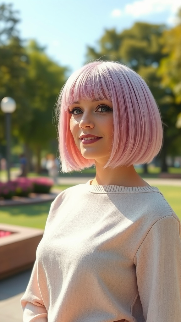 A woman with a soft pastel pink bob hairstyle, smiling in a park setting.