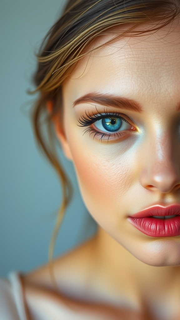 A close-up of a woman's face featuring soft peach and rose gold makeup, highlighting her blue eyes.