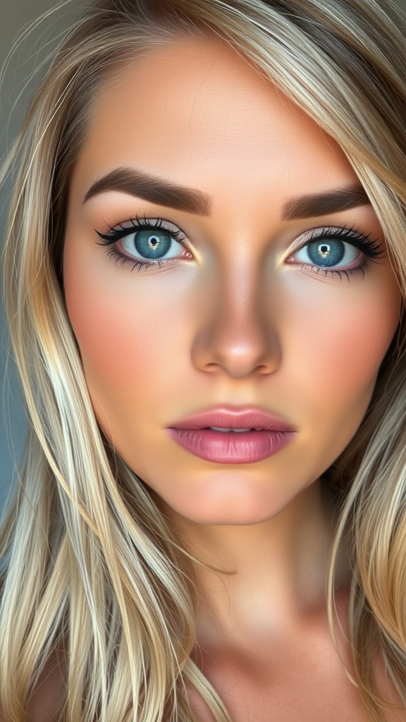 Soft peach and rose gold makeup look on a woman with blue eyes and blonde hair.