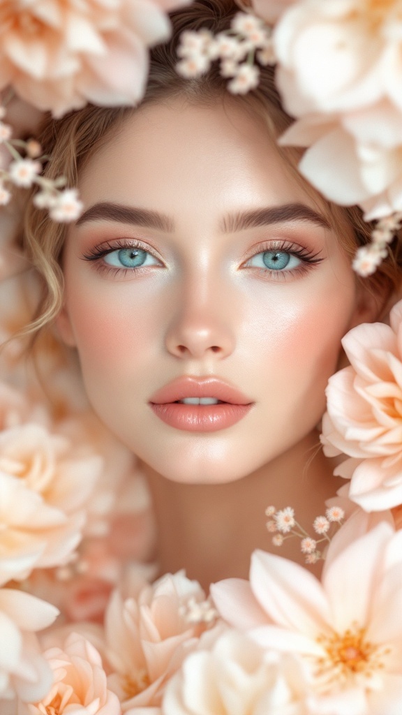 A woman with blue eyes surrounded by peach flowers, wearing soft peach makeup.