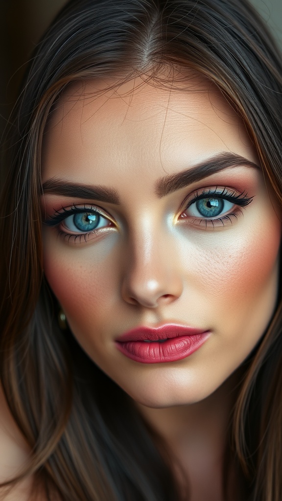 Close-up of a woman with blue eyes and soft pink makeup with gold highlights.