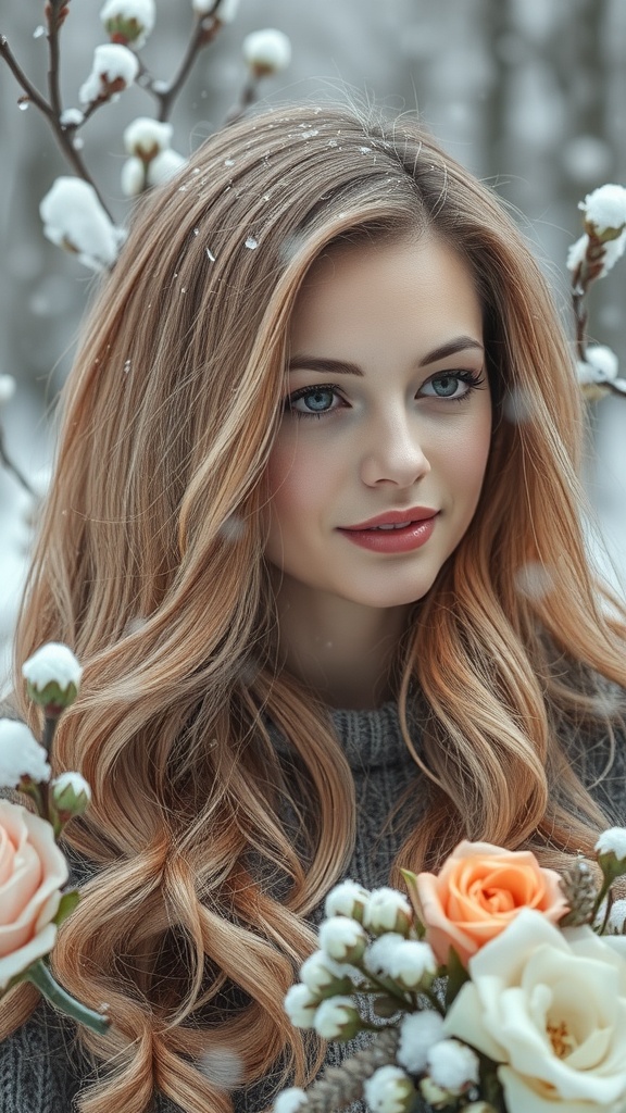 A young woman with soft rose gold hair surrounded by snow and holding flowers