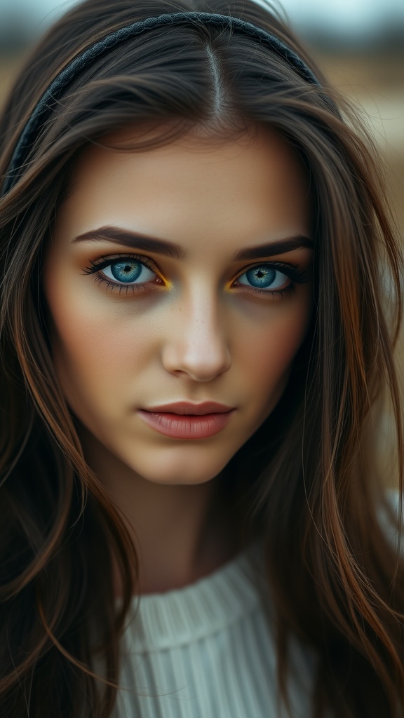 A close-up of a woman with blue eyes and brunette hair, featuring a soft smoky eye makeup and highlighted inner corners.