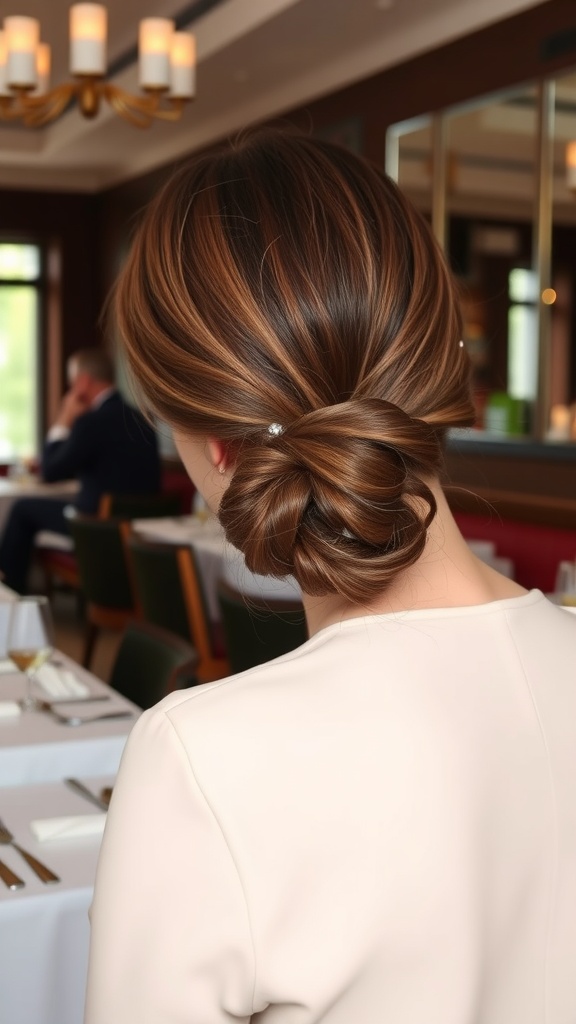 A woman with a low bun hairstyle, elegantly styled, seen from the back in a dining setting.