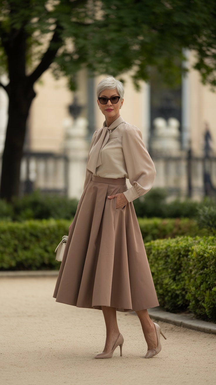 A stylish woman in a beige blouse and midi skirt with heels, standing in an outdoor setting