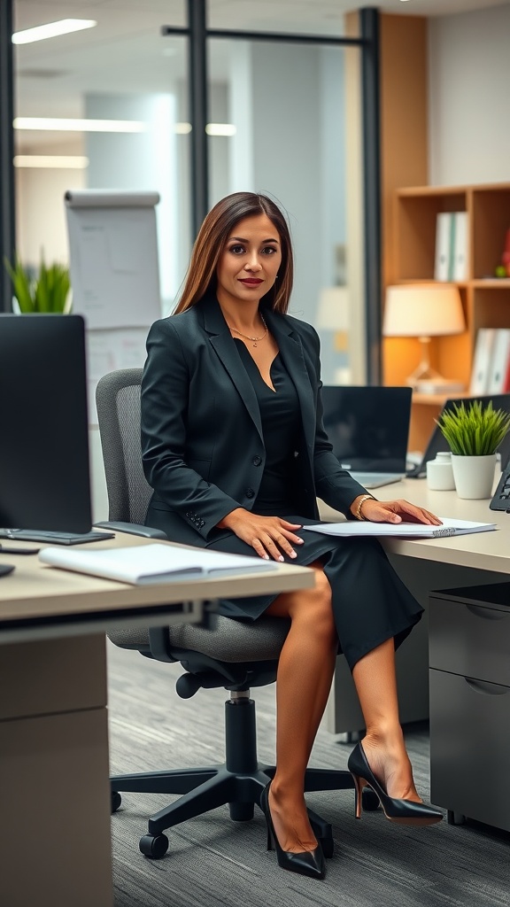 A woman in a black blazer and dress seated at an office desk, showcasing sophisticated office attire.