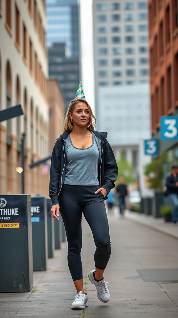 A woman in a sporty athleisure outfit with a party hat walking in the city.