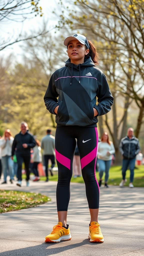 A woman in sporty athleisure wear, featuring a black hoodie, pink leggings, and yellow sneakers, walking in a park.
