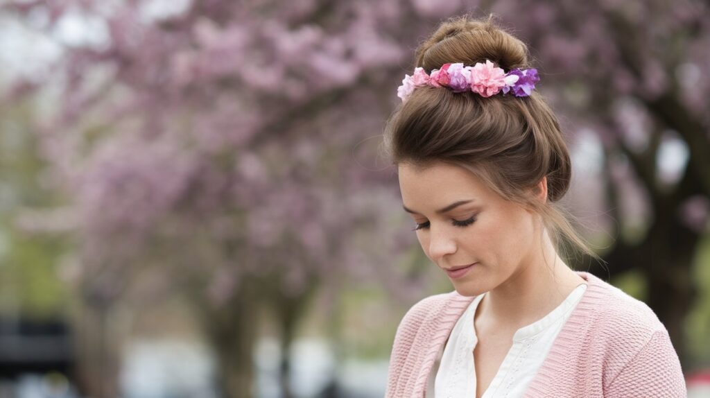 A photo of a woman with brown hair wearing a spring bun hairstyle. The bun is placed on the top of her head and is adorned with pink and purple flowers. The woman is wearing a pink cardigan and a white blouse. The background is blurred and contains trees in full bloom with pink and purple flowers.