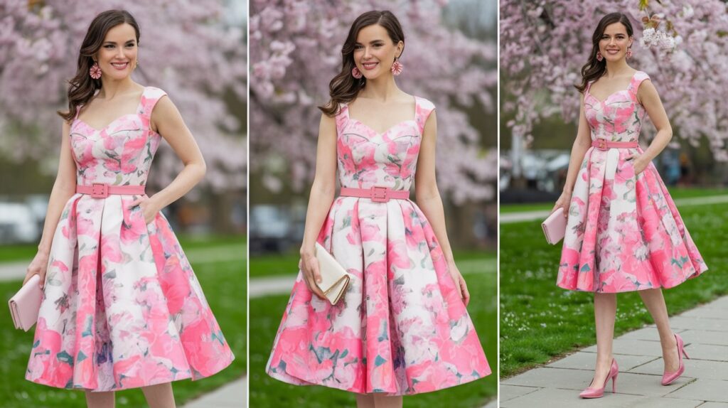 A photo of a woman wearing a pink spring outfit. She is wearing a pink floral dress with a white background and a green background. The dress has a sweetheart neckline and is cinched at the waist with a pink belt. The dress has a full skirt and is knee-length. The woman is wearing pink heels and a white clutch. She has her hair styled in loose waves. The background is a park with cherry blossoms in full bloom.